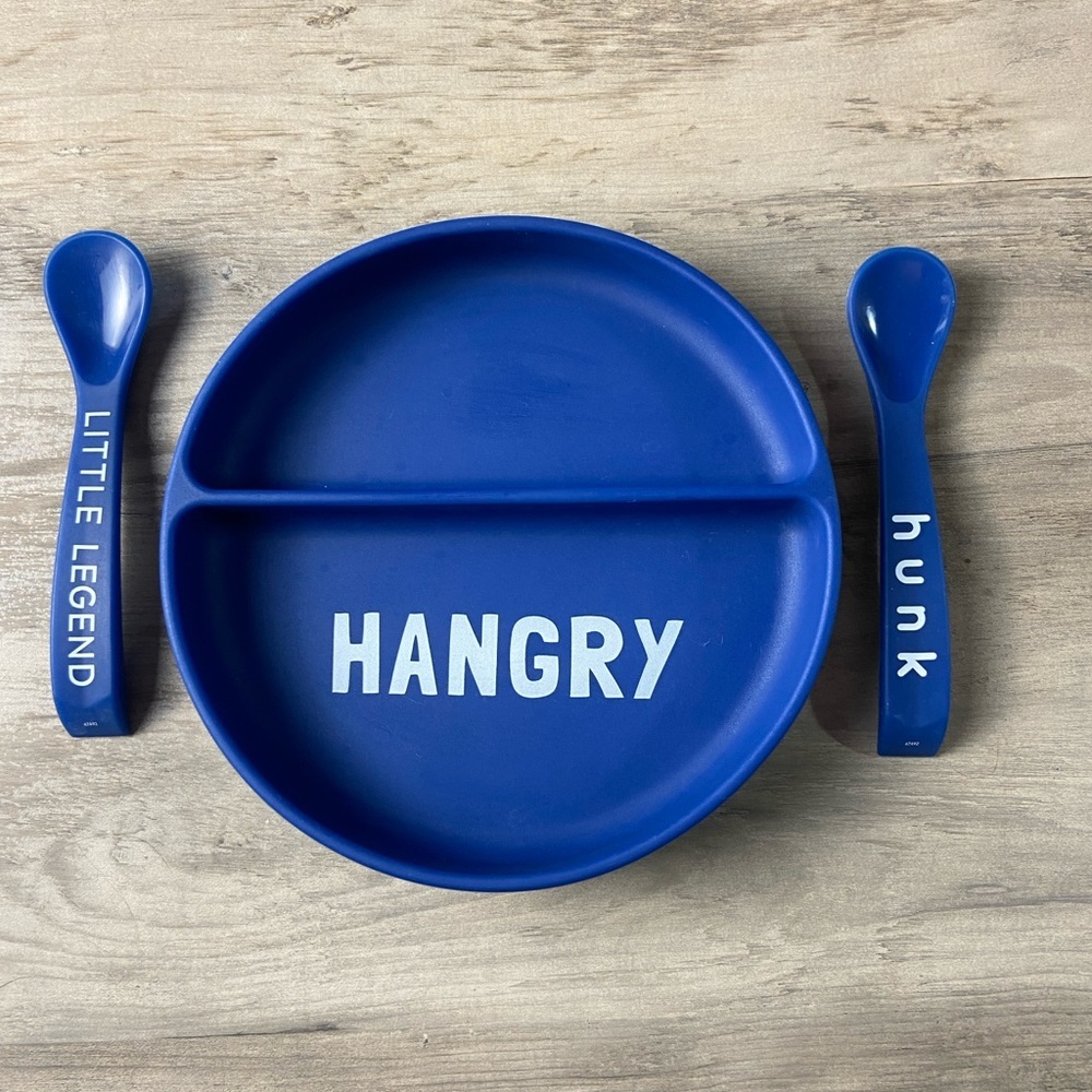 7" Silicone Suction Plate/Blue/Hangry, with 2‎ spoons
